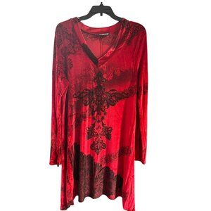 Red Velvet Long-Sleeve Tunic Top With Black Baroque Print V-Neck